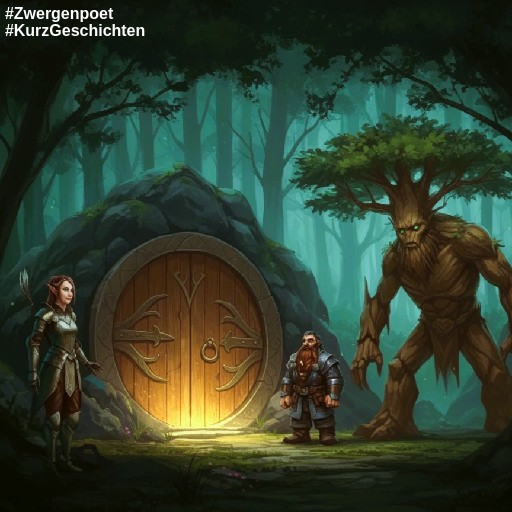 In einem Wald ist eine schwere, runde Holztür mit filigranen zwergischen Verzierungen in einen Felsen eingelassen. Davor stehen eine Elfin, ein Zwerg und ein Ent.