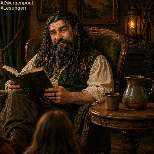 Ein Zwerg mit dichtem Bart und Haar sitzt mit einem Buch in der Hand in einem Sessel vor einem Publikum. Auf dem beistelltisch stehen ein Krug und ein Becher aus Steingut.