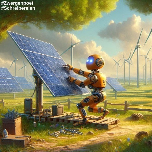 Ein zwergen&auml;hnlicher Roboter montiert Solaranlagen, umgeben von einer idyllischen Landschaft mit B&auml;umen und Feldern. Auf den Feldern stehen Windkraftanlagen, sanft im Wind drehend.