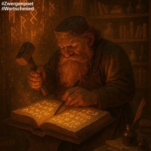 Ein gelehrter Zwerg bearbeitet mit Hammer und Meißel ein Buch.