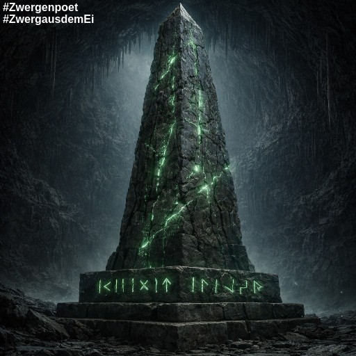 Ein zwergischer Obelisk aus Schiefer mit leuchtenden Runen auf dem Sockel, gr&uuml;n in einer unterirdischen H&ouml;hle.