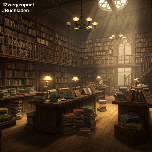 Ein altertümlicher Raum voller Bücher - in Regalen, auf Tischen und auf dem Boden. Im Hintergrund eine große Tür mit Oberlicht, die Tageslicht hereinlässt. Eine Treppe führt auf eine Empore.