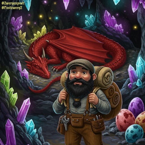 Der Postzwerg Daril steht vor dem schlafenden Drachen Fyngor in der mystischen Kristallh&ouml;hle.