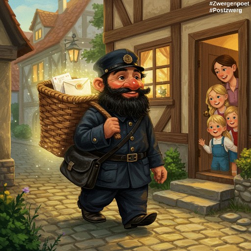 Der b&auml;rtige Postzwerg Daril tr&auml;gt in einer mittelalterlichen Gasse einen großen Korb voller Briefe, w&auml;hrend eine Mutter und drei Kinder ihn fr&ouml;hlich an der Haust&uuml;r begr&uuml;ßen.