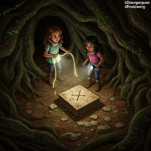 In einer H&ouml;hle zwischen m&auml;chtigen Baumwurzeln untersuchen Elisa und Vanessa eine steinerne Platte mit einer geheimnisvollen Karte.