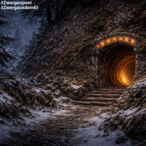 Ein verborgener Tunneleingang mit leuchtenden Runen f&uuml;hrt in den Berg hinein.