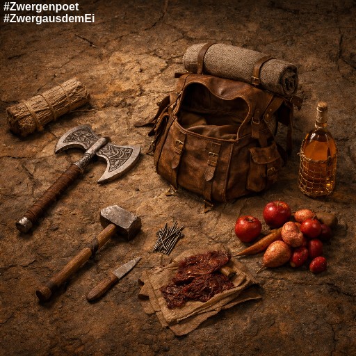 Eine zwergische Streitaxt, ein Hammer und Verpflegung liegen bereit, um in einen ledernen Rucksack gepackt zu werden.