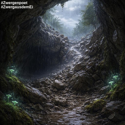 Eingest&uuml;rzter Zwergentunnel mit Ger&ouml;ll, durch dessen &Ouml;ffnung Regen und Tageslicht in den feuchten, von Pilzen schwach erleuchteten Gang fallen.