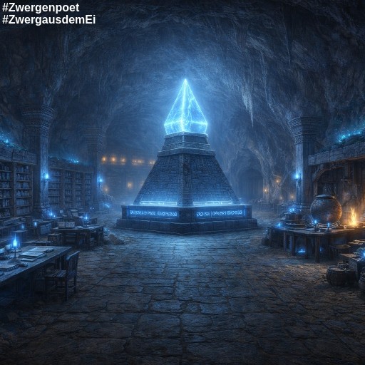 Zwergische Halle mit zentraler Markierungssäule, links die Bibliothek, rechts die Handwerksbereiche im blauen Kristalllicht.
