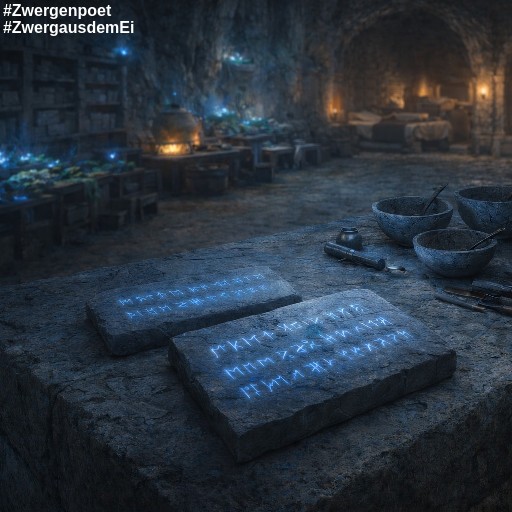 Steintafeln mit Runen und leere Sch&uuml;sseln auf einem Tisch im Schlafbereich des Zwergenarchivs.
