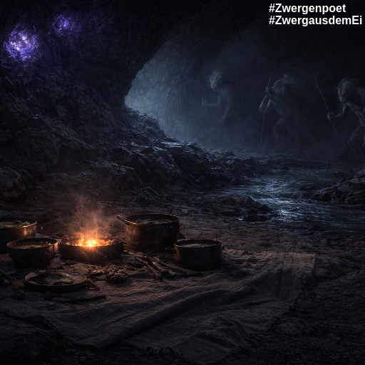 Rastplatz in einer Höhle mit Hitzestein und Kochgeschirr, im Hintergrund lauern amphibische Wesen im Dunkeln.