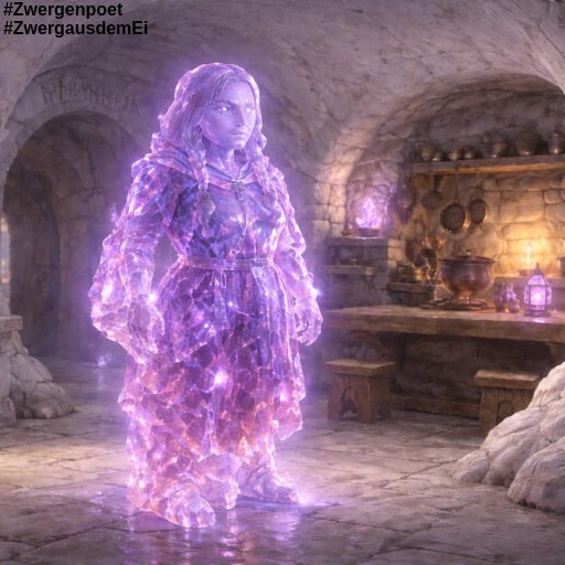 Eine Zwergin in kristalliner Form, die aus sich heraus rosa-violett leuchtet, steht in der Taverne der &bdquo;Kalten Tunnel&rdquo;.