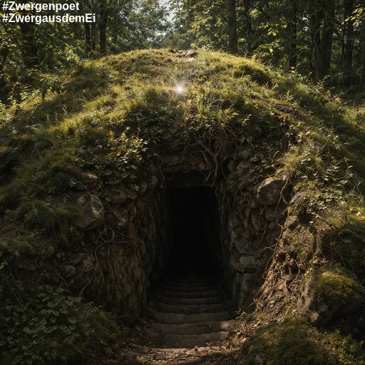 Ein grasbewachsener H&uuml;gel in einem lichten Wald, in dessen Innerem eine steinerne Treppe in die Dunkelheit hinabf&uuml;hrt. Auf der Oberfl&auml;che glitzert dezent ein Lichtreflex.