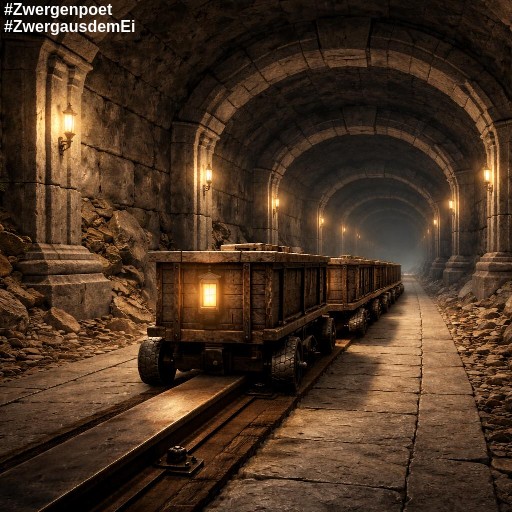 Mehrere miteinander verbundene zwergische Loren fahren auf einer zentralen Metallschiene durch einen sorgf&auml;ltig ausgebauten Felstunnel mit gemauerten B&ouml;gen und warmem Licht.