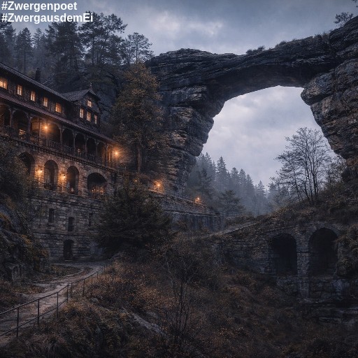Ein Felsentor im Sandstein, links davon das Hotel Falkennest.
