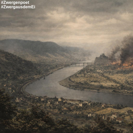 Landschaft an der Elbe mit Feldern und Dörfern im Vordergrund sowie der Burgruine Schreckenstein. Im Norden steigt Rauch über der bombardierten Stadt Aussig auf.