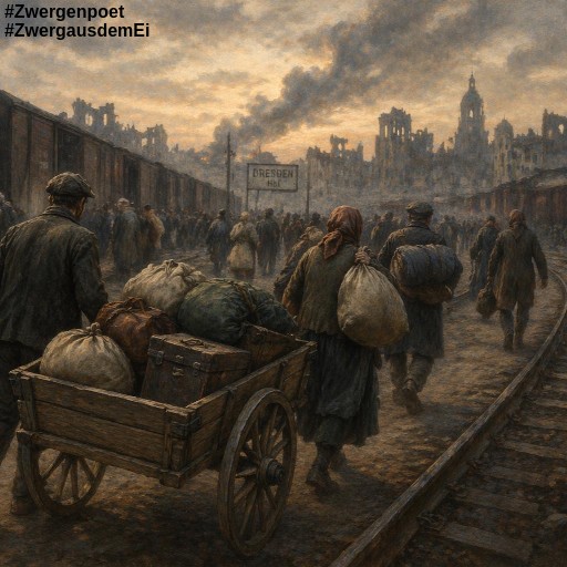 Menschen auf der Flucht ziehen mit einem einfachen Handkarren entlang der Gleise durch eine vom Krieg gezeichnete Landschaft.