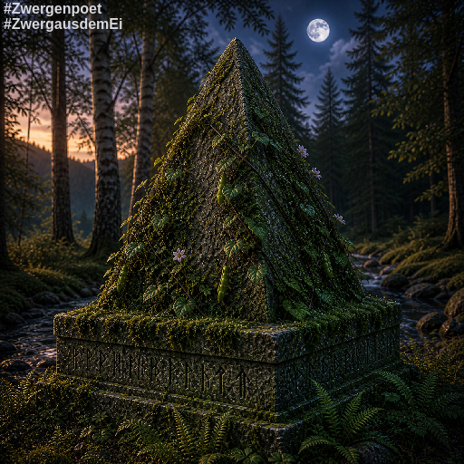 Ein verwitterter Obelisk, bestehend aus aus einem quaderförmigen Sockel und einer vierseitigen Pyramide steht in einem Mischwald. In der Abendd&auml;mmerung scheint der Mond darauf.