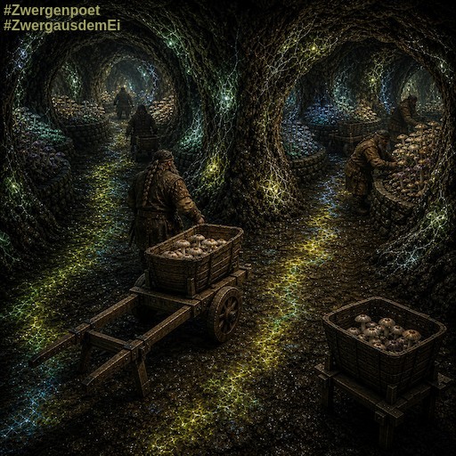 Farbig schimmerndes Myzel beleuchtet die G&auml;nge, in denen die Zwerge ihre Pilze kultivieren. Im Vordergrund steht ein Holzkarren mit einem Korb voller Pilze bereit zum Abtransport.