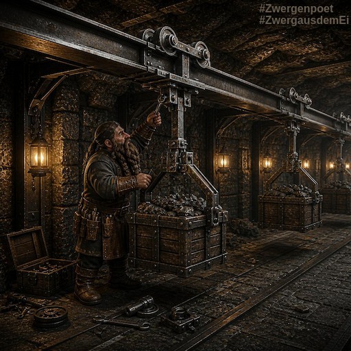 An einer massiven Stahlschiene h&auml;ngen Kisten, die mit Erzbrocken beladen sind. Ein Zwerg schraubt an der Aufh&auml;ngung einer der Loren.