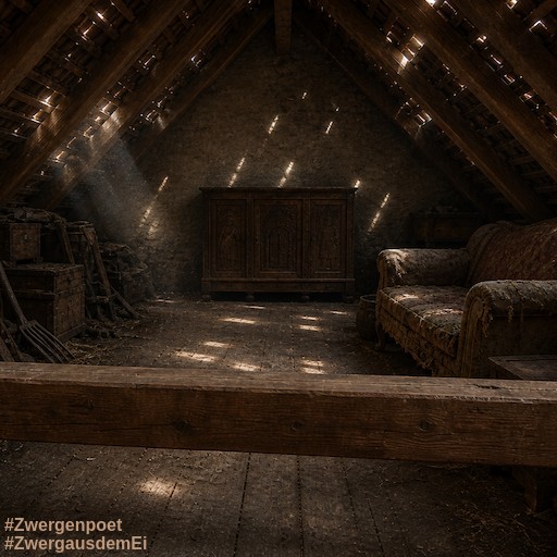 Der alte Schrank steht an der n&ouml;rdlichen Giebelwand, das Motiv nur schemenhaft zu erkennen. Rechts davor ein altes, zerschlissenes Polstersofa, links etwas Ger&uuml;mpel. Im Vordergrund liegt quer ein Kehlbalken des Dachstuhls.