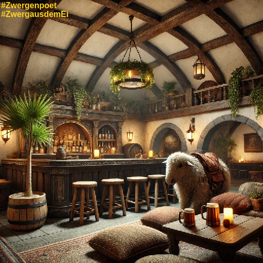 Der rustikale Raum einer Taverne mit einer Bar und einer Topfpalme und einem Schaf mit Sattel auf dem R&uuml;cken.