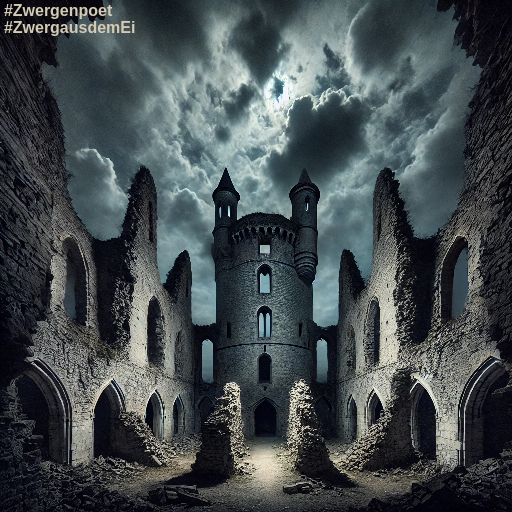 Die verfallenen Mauern einer mittelalterlichen Burg. Der Burgfried ist noch erhalten und steht im Zentrum der d&uuml;steren Szene.