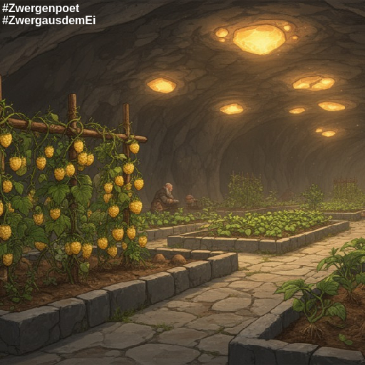 Ein weitl&auml;ufiger unterirdischer Garten in einer riesigen Steinh&ouml;hle. Rechteckige Beete sind durch gepflasterte Wege voneinander getrennt. Leuchtende Steine simulieren Sonnenlicht. Auf einer der Anbaufl&auml;chen wachsen gelbe Beeren.