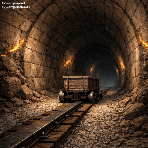 Eine robuste Lore steht auf einem zwergischen Schienenstrang innerhalb eines ausgebauten Tunnels. Kristalladern sorgen f&uuml;r eine orange-gelbe Beleuchtung.