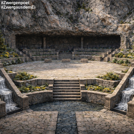 Ein kunstvoll angelegter Steingarten mit Wasserkan&auml;len und einem runden Platz. Dahinter eine Trib&uuml;ne im Fels.