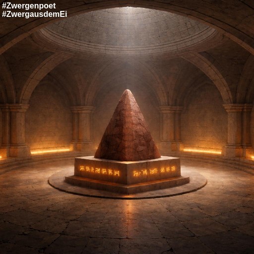 Unterirdische Zwergenhalle aus hellem Kalkstein mit zentraler, pyramidenf&ouml;rmiger Porphyrs&auml;ule auf einem Sockel. Orange leuchtende Runen am Sockel erhellen den ovalen Raum in warmem Licht.