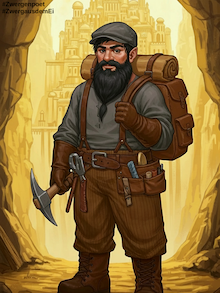 Ein Zwerg mit schwarzem Bart. Auf dem Kopf eine Schieberm&uuml;tze, in der linken Hand einen Handpickel und mit Rucksack auf dem R&uuml;cken.