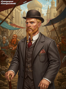 Der blonde Zwerg hat zwei kurze Zöpfe an seinem Kinnbart. Er wirkt mit Anzug und Bowler&ndash;Hut edel gekleidet, wie ein Adliger um 1900.