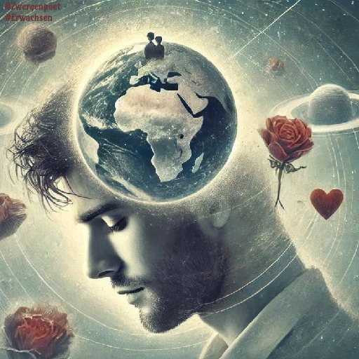 Eine Art Sphäre, in der Planeten, Herzen und Rosen um das Profil eines jungen Mannes kreisen. Vor seinem Kopf ein Globus, auf dem ein Liebespaar zu sehen ist.