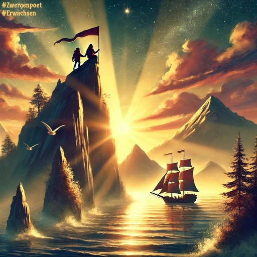 Ein Felsen am Meer, auf dem ein Paar mit einer Fahne steht. Auf dem Wasser befindet sich ein Segelschiff.