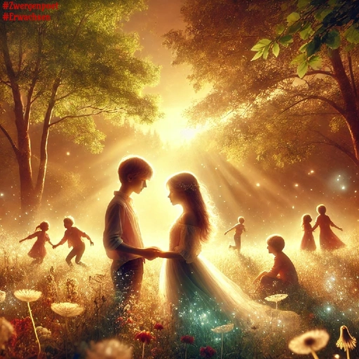 Auf einer Waldlichtung in der Abendsonne tollen Kinder. Ein junges Paar steht in der Mitte und schaut sich verliebt an.