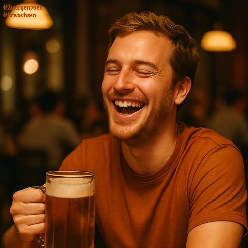Ein lachender junger Mann sitzt in einer Kneipe und hält einen gefüllten Bierkrug in der Hand.
