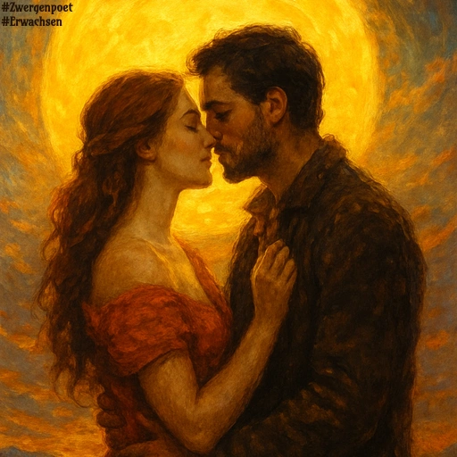 Im Stil eines Gemäldes: Vor einer orangegelben Sonne umarmt sich ein Paar, bereit für einen Kuss.