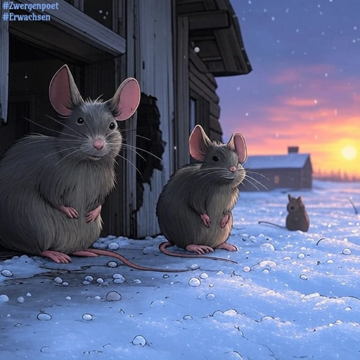 Drei Mäuse im Schnee vor einem Holzhaus im Winter.