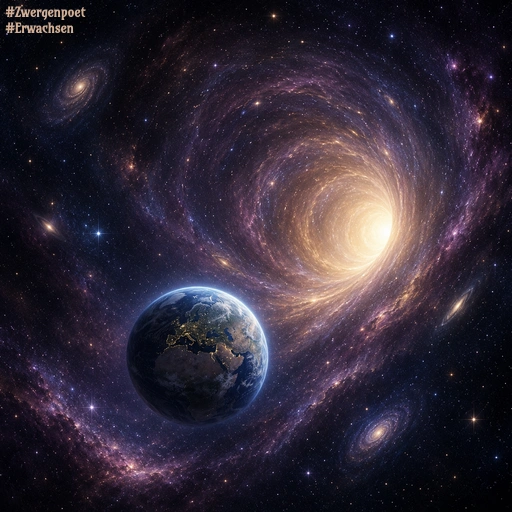 Die Erde schwebt vor einem strahlenden Wurmloch, umgeben von Sternen, Galaxien und violett-blauen Nebeln in den Weiten des Universums.