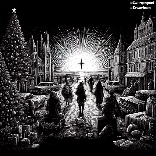 Menschen beobachten in einer winterlichen Stadt am Meer ein helles Licht am Horizont. Links stehen zwei geschmückte Weihnachtsbäume, rechts befinden sich Marktstände und Häuser. Die schwarz-weiße Szene vermittelt Besinnlichkeit und Hoffnung.