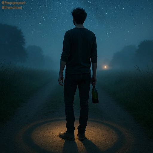 Ein junger Mann steht nachts auf einem Feldweg und blickt in die Ferne. In seiner rechten Hand hält er eine Weinflasche. Über ihm leuchten die Sterne, am Horizont schimmert ein fernes Licht.