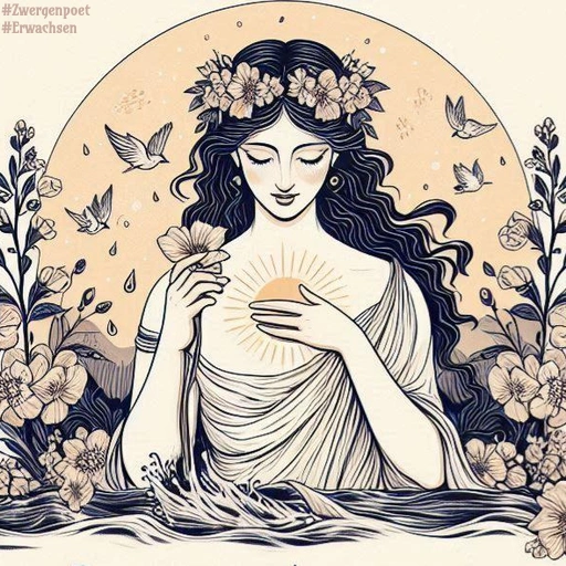 Mit einem Blumenkranz im Haar erhebt sich Aphrodite aus dem Wasser, umgeben von Blumen und Natur.