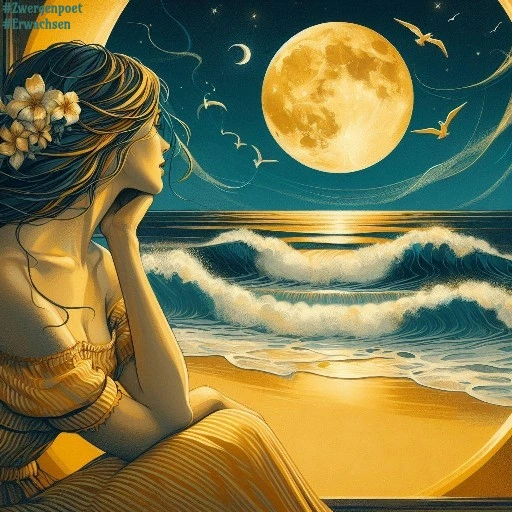 Eine Frau im Sommerkleid sitzt bei Vollmond am Meer.
