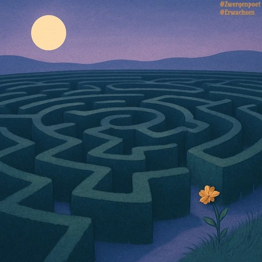 Ein weitläufiges Heckenlabyrinth im Licht des Vollmonds. Rechts steht eine einzelne gelbe Blume im Vordergrund.