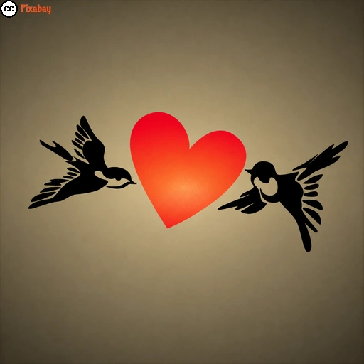 Zwei gezeichnete, schwarze Vögel fliegen um ein rotes Herz herum.
