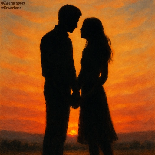 Die Silhouette eines verliebten Paares im Sonnenuntergang.