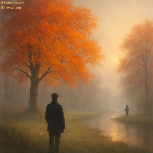 Neblige Flussaue im Herbst. Zwei Personen stehen an den gegenüberliegenden Ufern. Die alten Bäume tragen noch buntes Laub, das durch den trüben Dunst scheint, durch den die Morgensonne zögerlich bricht.