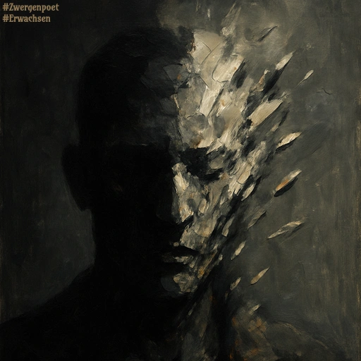 Ein expressionistisches Portrait. Eine Gesichtshälfte liegt im Schatten, die andere im trüben Licht. Das Antlitz löst sich in Splitter auf. Der Hintergrund ist dunkelgrau.