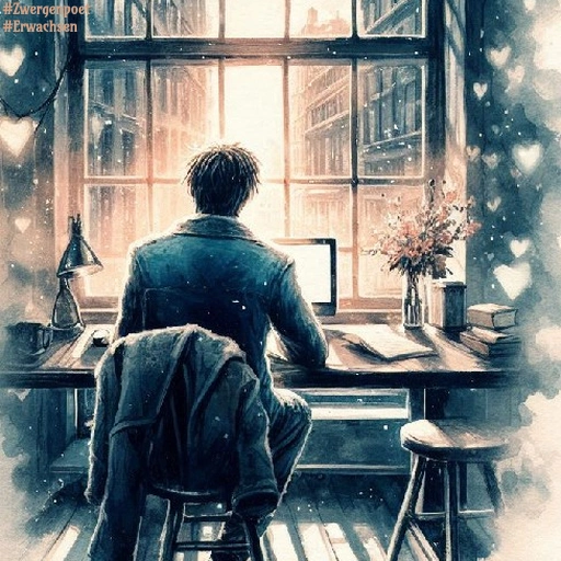 Ein junger Mann sitzt am Computer. Durch das Fenster vor ihm scheint die Sonne in das Zimmer. Eingerahmt wird das Bild von flüchtigen Herzformen.